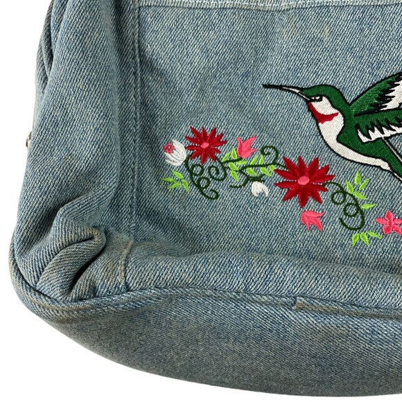 Vintage Cottagecore Mushroomcore Embroidered Denim Hummingbird Floral Handbag BL - Picture 2 of 15